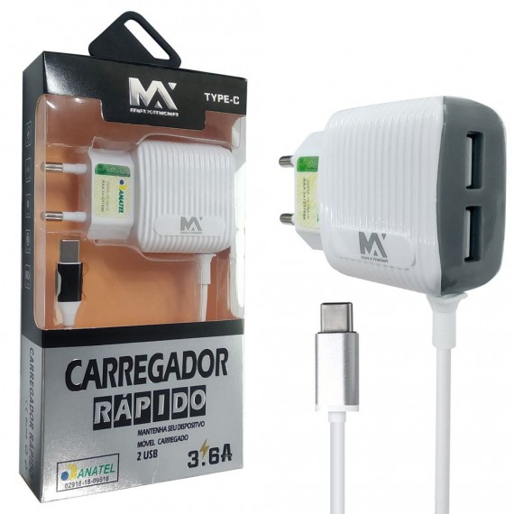 Carregador Celular Tipo C 3.6A Turbo Rápido 2Usb C/Anatel Maxcar134 Maxmidia