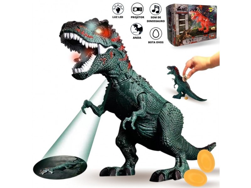 Dinossauro com som, luz, projeção e bota ovo