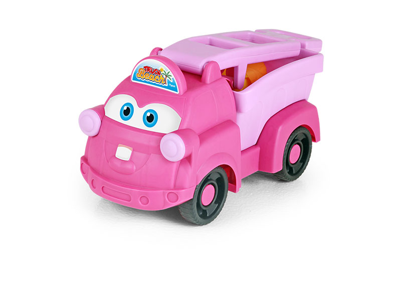 Caminhão de brinquedo rosa no chão de asfalto. carro fora de